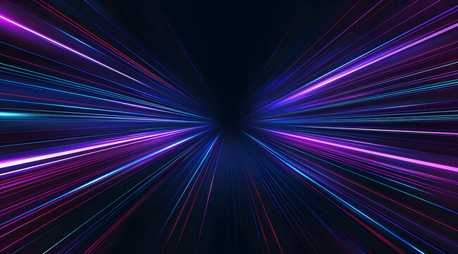 3d Render, Blue purple light line through dark background, hyper speed warp in space.