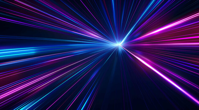 3d Render, Blue purple light line through dark background, hyper speed warp in space.