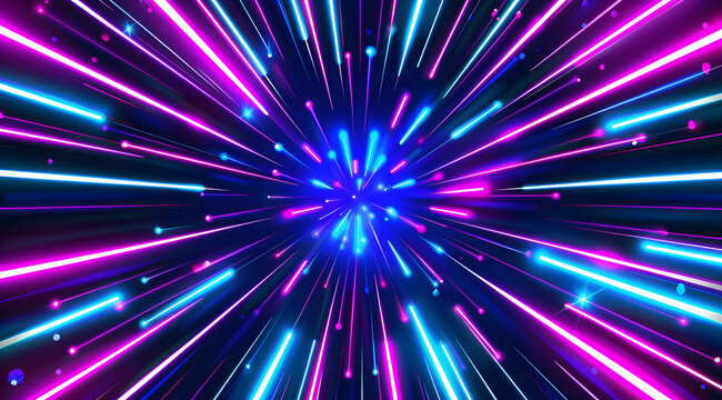 3d Render, Blue purple light line through dark background, hyper speed warp in space.