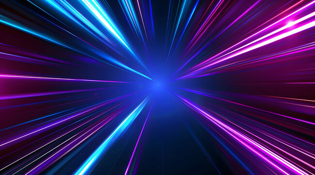 3d Render, Blue purple light line through dark background, hyper speed warp in space.