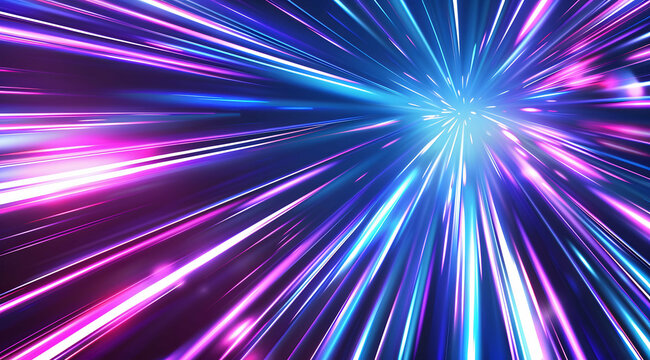 3d Render, Blue purple light line through dark background, hyper speed warp in space.