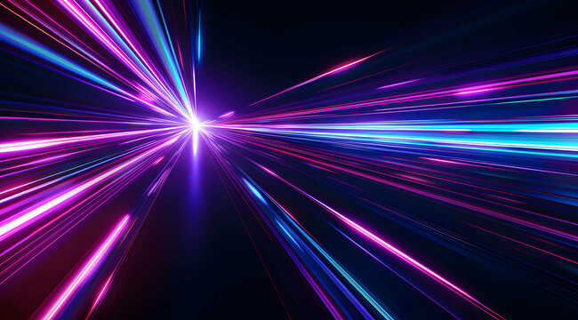 3d Render, Blue purple light line through dark background, hyper speed warp in space.