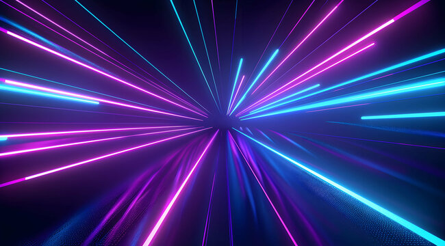 3d Render, Blue purple light line through dark background, hyper speed warp in space.