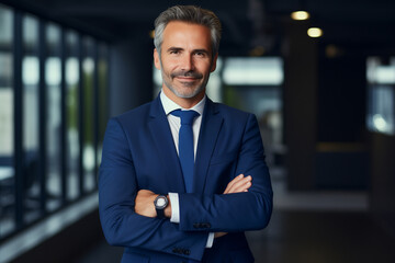 Fototapeta premium Happy mid aged business man ceo standing in office arms crossed. Smiling mature confident professional executive manager, proud lawyer, confident businessman leader wearing blue suit, portrait 