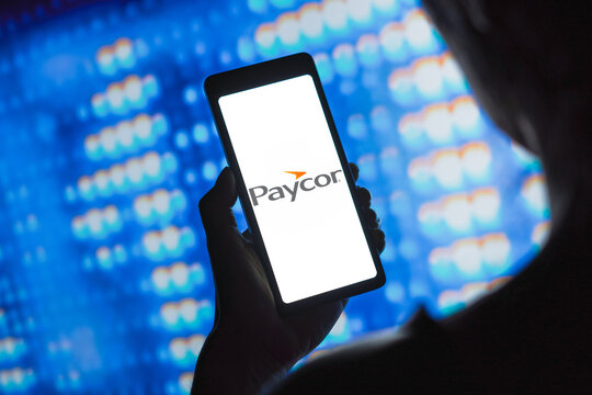 May 9, 2024, Brazil. In this photo illustration, the Paycor HCM, Inc. logo is displayed on a smartphone screen.