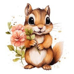Chipmunk. Chipmunk with flowers clipart. Watercolor illustration. Generative AI. Detailed illustration.