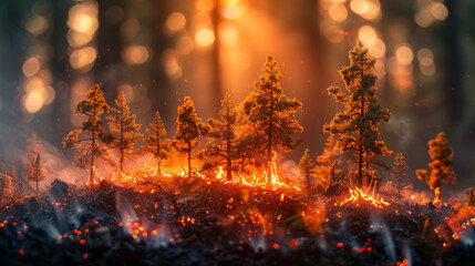 Miniature of burning forest. Climate change. Global warming catastrophe.