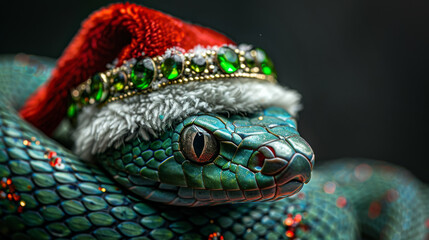 Green snake wearing a Santa Claus hat with emerald stones on the cap.