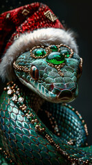 Green snake in a Santa Claus hat with emerald stones, vertical image.