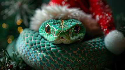 Green snake wearing a Santa Claus hat.