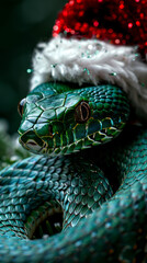 Amazing green snake wearing a Santa Claus hat.
