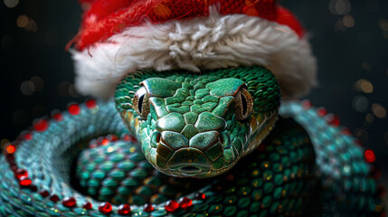 Green snake wearing a Santa Claus hat with emerald and red gems.