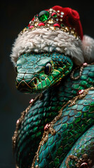 Festive Emerald Snake with Christmas Hat and Gemstone Adornments