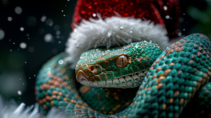 Green snake wearing a Santa Claus hat with emerald gems.