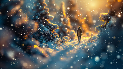 A man walks through a snowy forest. Climate thumbnail.