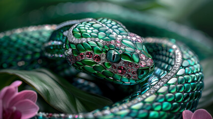 Emerald Green Snake with Gemstone Detailing on Floral Background.