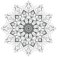 Geometric star-shaped mandala in black and white. Elegant, symmetrical line art illustration with intricate, sharp details, ideal for coloring books or spiritual design.