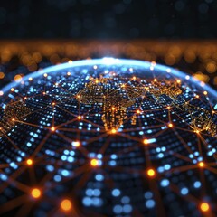 The intricate circuit lines create a digital sphere symbolizing interconnected global data networks in the digital realm. - obrazy, fototapety, plakaty