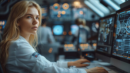 A young professional women sitting on an office chair in front of a computer screen. She is engaged...