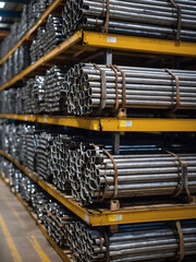 Steel Inventory, Industrial Warehouse Stocked with Beams, Pipes, and Plates for Various Applications