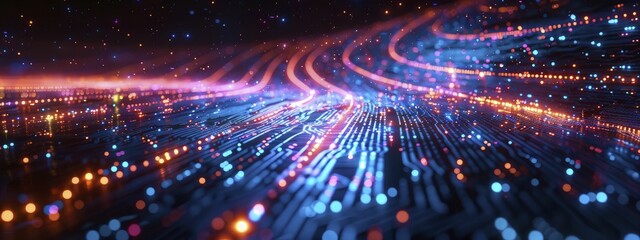Obraz premium Witness the dynamic visualization of circuit lines transforming into rapid data highways, epitomizing tech speed and efficiency concepts.