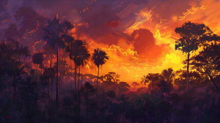 Twilight in a tropical forest, with the setting sun casting golden hues through the tall trees and the sky painted in shades of orange and purple - Powered by Adobe