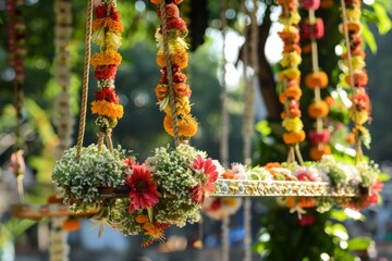 A beautifully adorned swing (jhula) with intricate floral decorations, symbolizing the auspiciousness of Teej