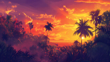 Twilight in a tropical forest, with the setting sun casting golden hues through the tall trees and...