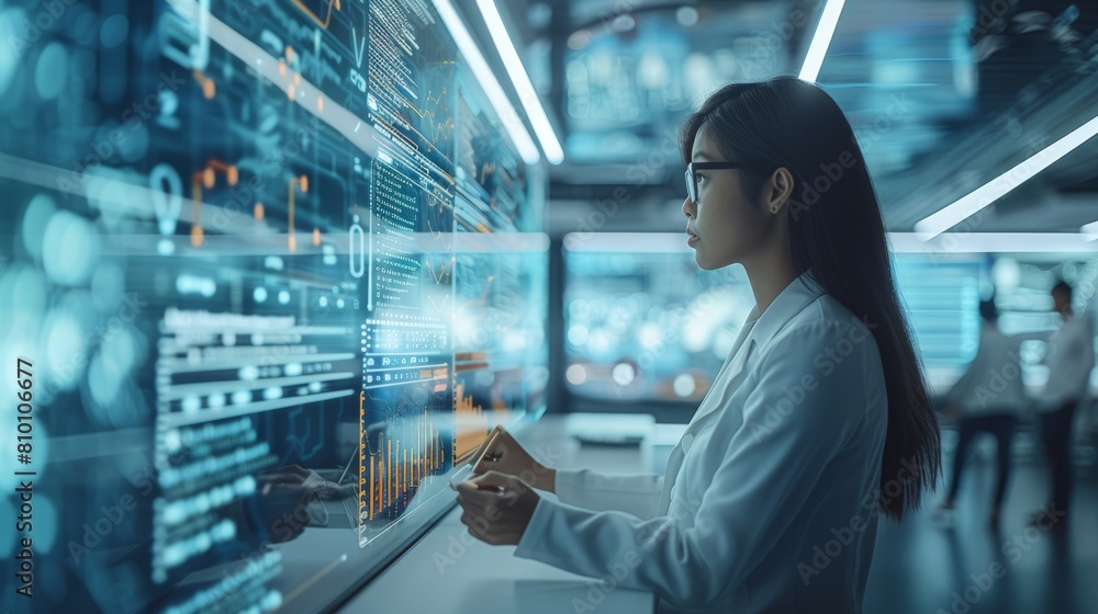 Poster Include a diverse team of professionals working together in a high-tech, surrounded of a sleek and modern interface with holographic elements, showing graphs and analytics. Generative AI.