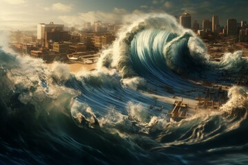 Relentless Tsunami city wave. Big splash. Generate Ai