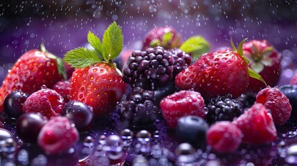 Wild Berry Mix Juice Splash, Assorted Berries Scattered on a Deep Purple