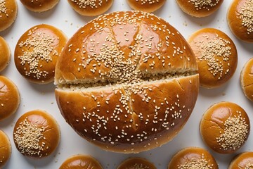 Top view shot of a hamburger bread bun, isolated on white background. The freshly baked, golden brown color and a sprinkling of sesame seeds on top.