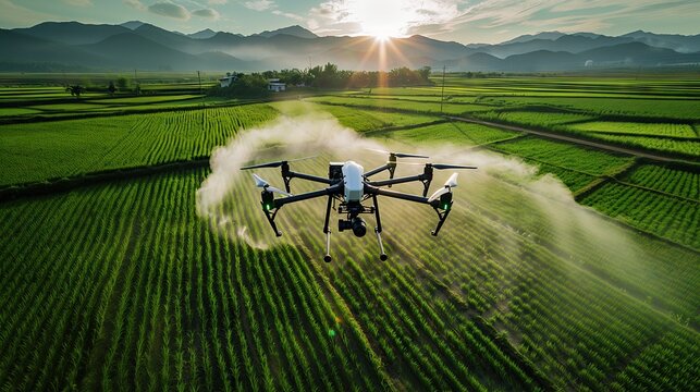 Agricultural drones fly to spray fertilizer on rice fields. industrial revolution agricultural technology