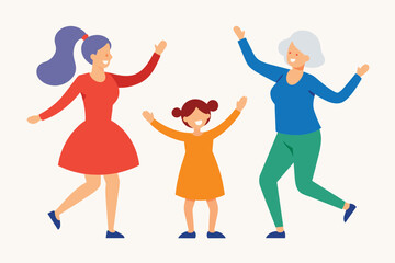 Three generations of women dancing together. Family holiday time. Happy free women. Grandmother, mother, daughter. Mother's Day vector flat illustration. For greeting card, invitation, banner