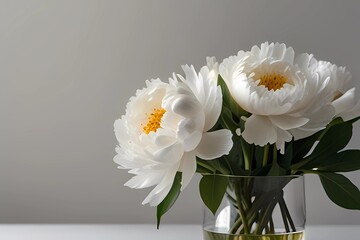 White peony. White peonies in glass vase isolated on white background
