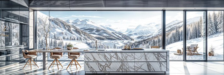 Mountain Home Interior. Modern Kitchen With Stunning Snow-Capped Mountain Views. Luxury Ski Chalet Kitchen. Modern Interior With Panoramic Mountain Views.