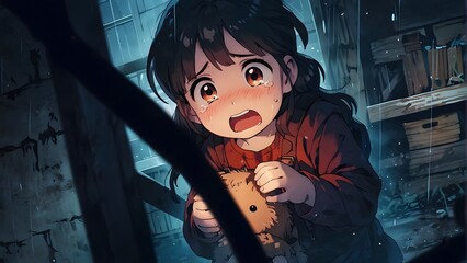 Little cute girl kidnapped with her toy, dark rainy night, distant full view, International Missing Children's Day, dark mood