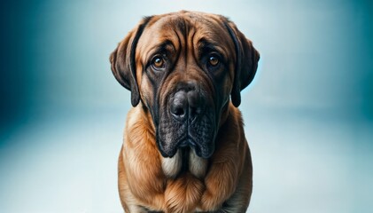 Portrait of a Sad-Looking Dog With Soulful Eyes Against a Blue Background