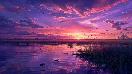 Twilight over a serene floodplain, the sky painted with shades of purple and pink, and the...