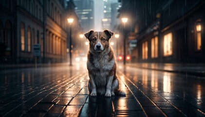Lonely Dog Sitting on a Rainy City Street at Twilight