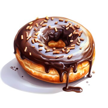 Donut. Chocolate donut. Tasty doughnut clipart. Watercolor illustration. Generative AI. Detailed illustration.