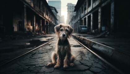 Stray Dog Sitting Alone on Desolate Urban Street Tracks During Daylight