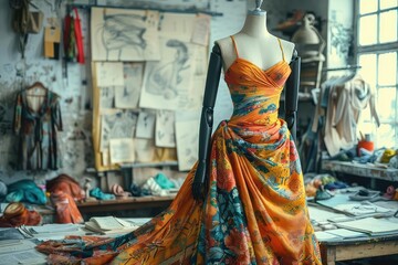 Fashion designer draping fabric on a mannequin, studio full of sketches and fabrics, stylish, creative process