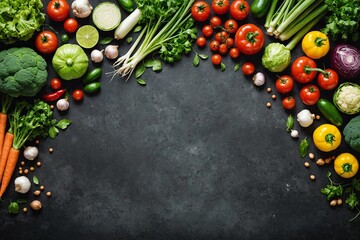 Raw organic vegetables with fresh ingredients for healthily cooking on vintage background, top view, banner. Vegan or diet food concept. Background layout with free text space.