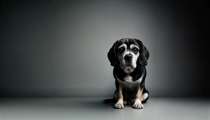 Portrait of a Sad-Looking Dog Seated Against a Gray Background, with copyspace