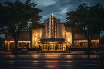 A Classic Suburban Movie Theater at Twilight with Kids Enjoying a Game on the Sidewalk