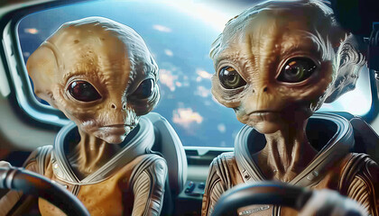 Two aliens enjoy a romantic rendezvous aboard a spaceship. Portraits of two aliens on the spaseship site. Future space travels concept image,
