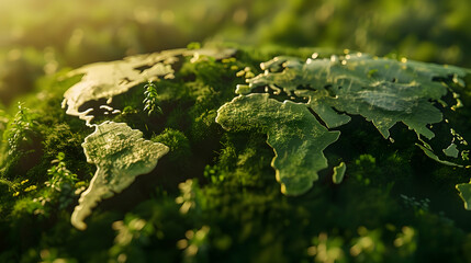 Ultra HD close-up of a hedge shaped into a map of the world, focusing on the continents' outlines and the lush green textures under natural afternoon sunlight