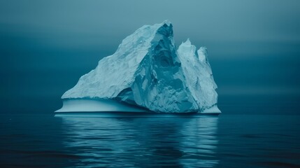   An iceberg floats in the ocean, surrounded by dark blue sky and mirror-like reflection on its surface