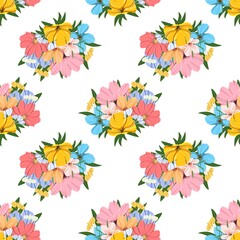 Seamless pattern of bouquets of beautiful bright flowers on a white background